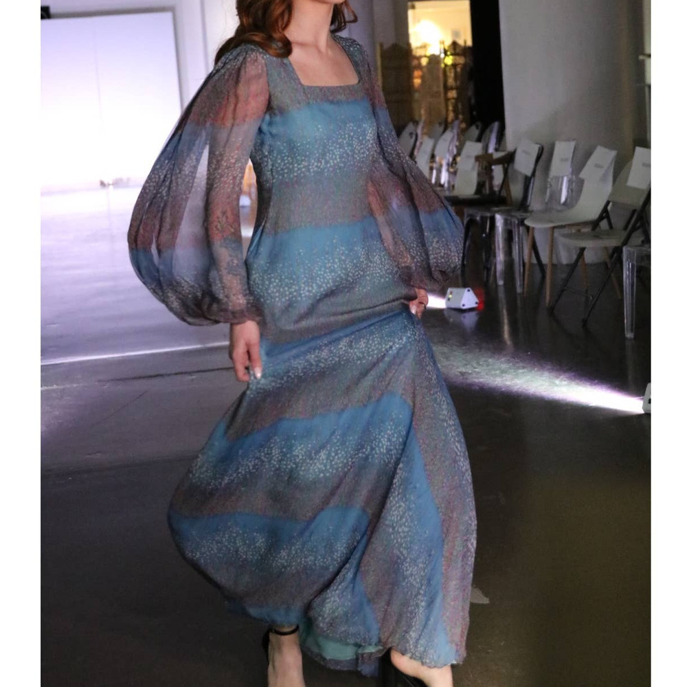 SOLD Vintage 70s Designer Stavropoulos Silk Chiffon Long Sleeve Full Length Gown